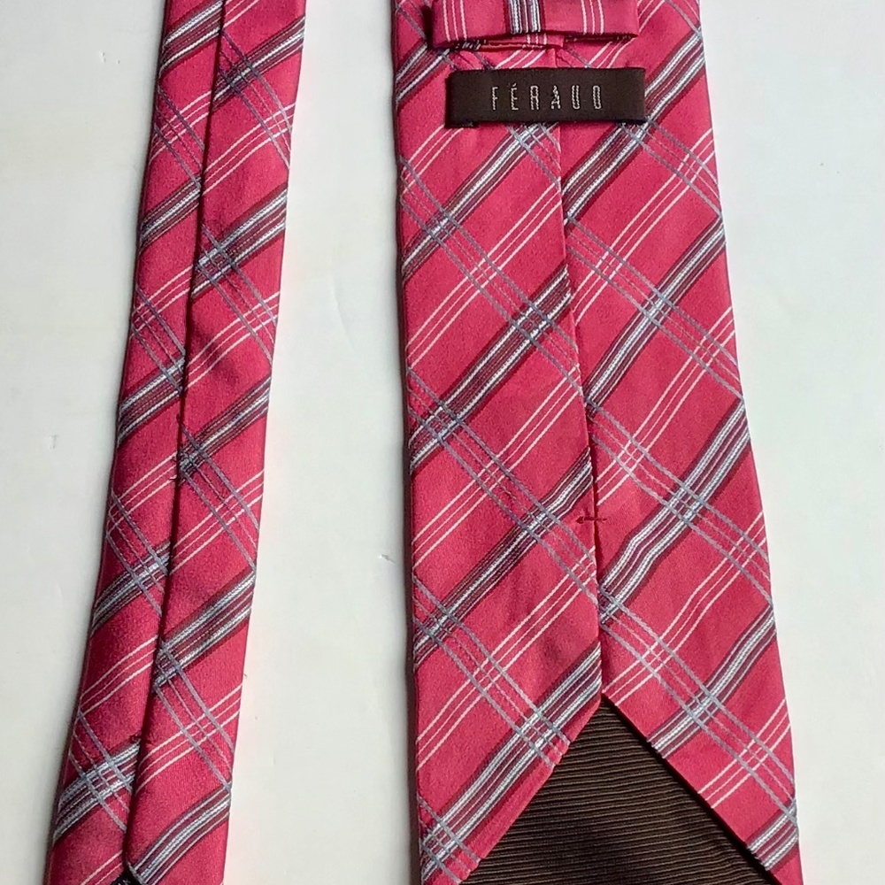 FERAUD pink with brown striped pattern all silk tie made in Italy 🇮🇹